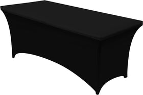 Utopia Kitchen spandex tablecloth on an 8ft black table for a crisp, professional look.