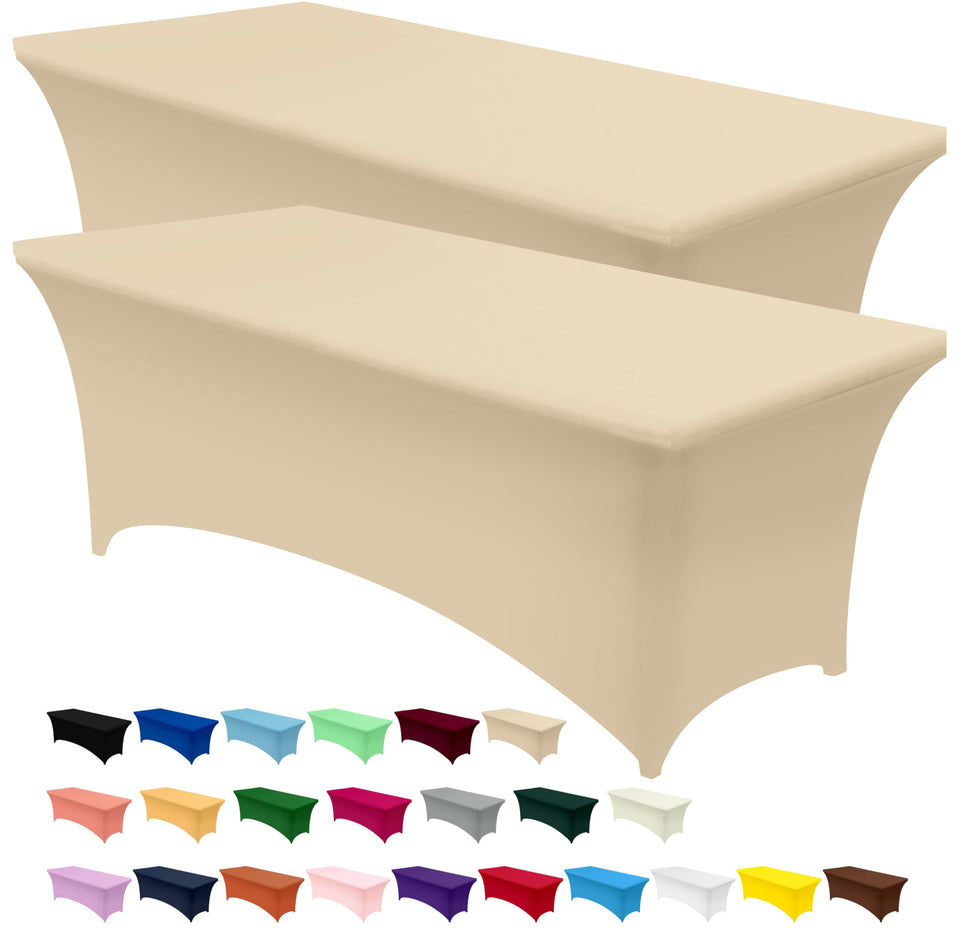 Utopia Kitchen spandex tablecloth close-up in champagne with secure stretch for snug fit.