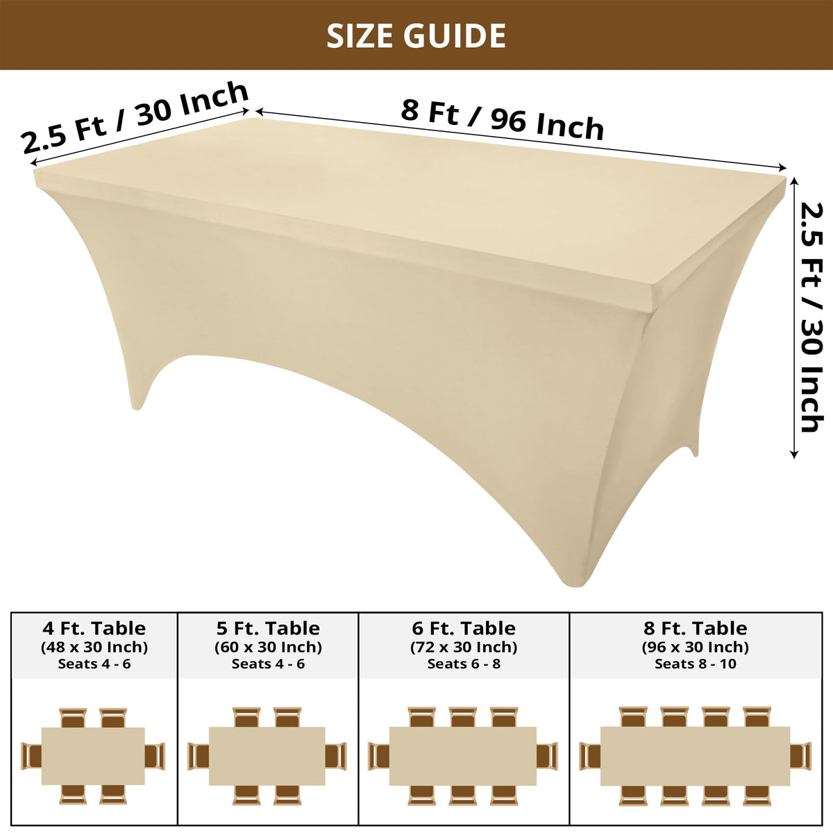 Utopia Kitchen spandex tablecloth on 8ft table, champagne, smooth drape.