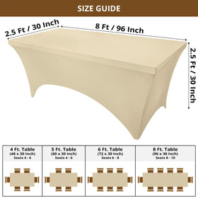 Utopia Kitchen spandex tablecloth on 8ft table, champagne, smooth drape.