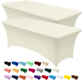 Utopia Kitchen spandex tablecloth 8ft ivory fits securely for a clean, professional table display.