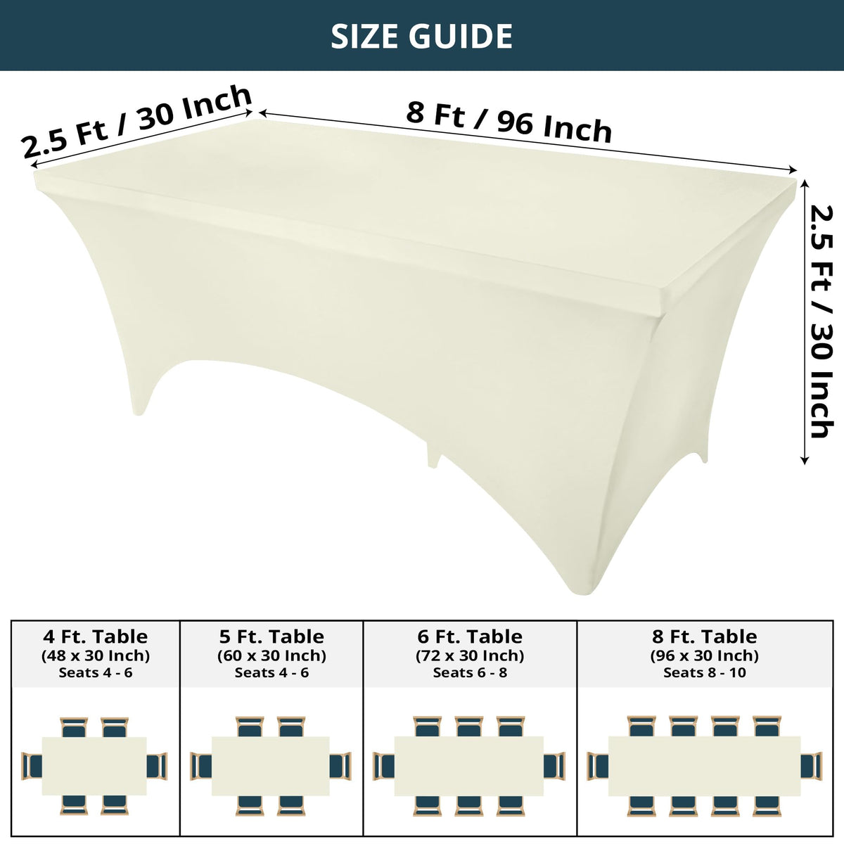 Utopia Kitchen spandex tablecloth 8ft ivory leg pockets stabilize the cloth for a neat setup.