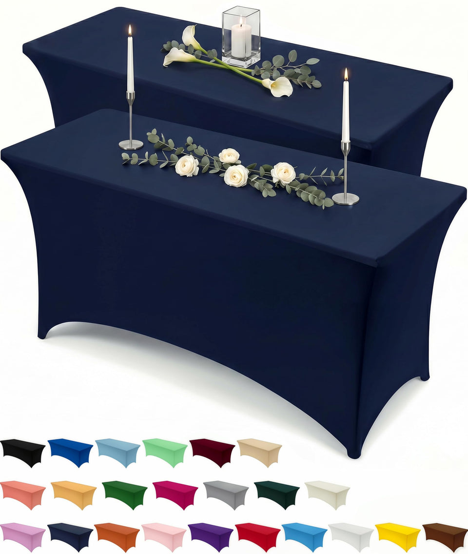 Utopia Kitchen spandex tablecloth 8ft navy blue drapes securely for a polished look.