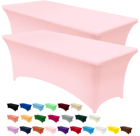 Utopia Kitchen Spandex tablecloth in pink, fully stretched for a clean, professional 8-foot table.