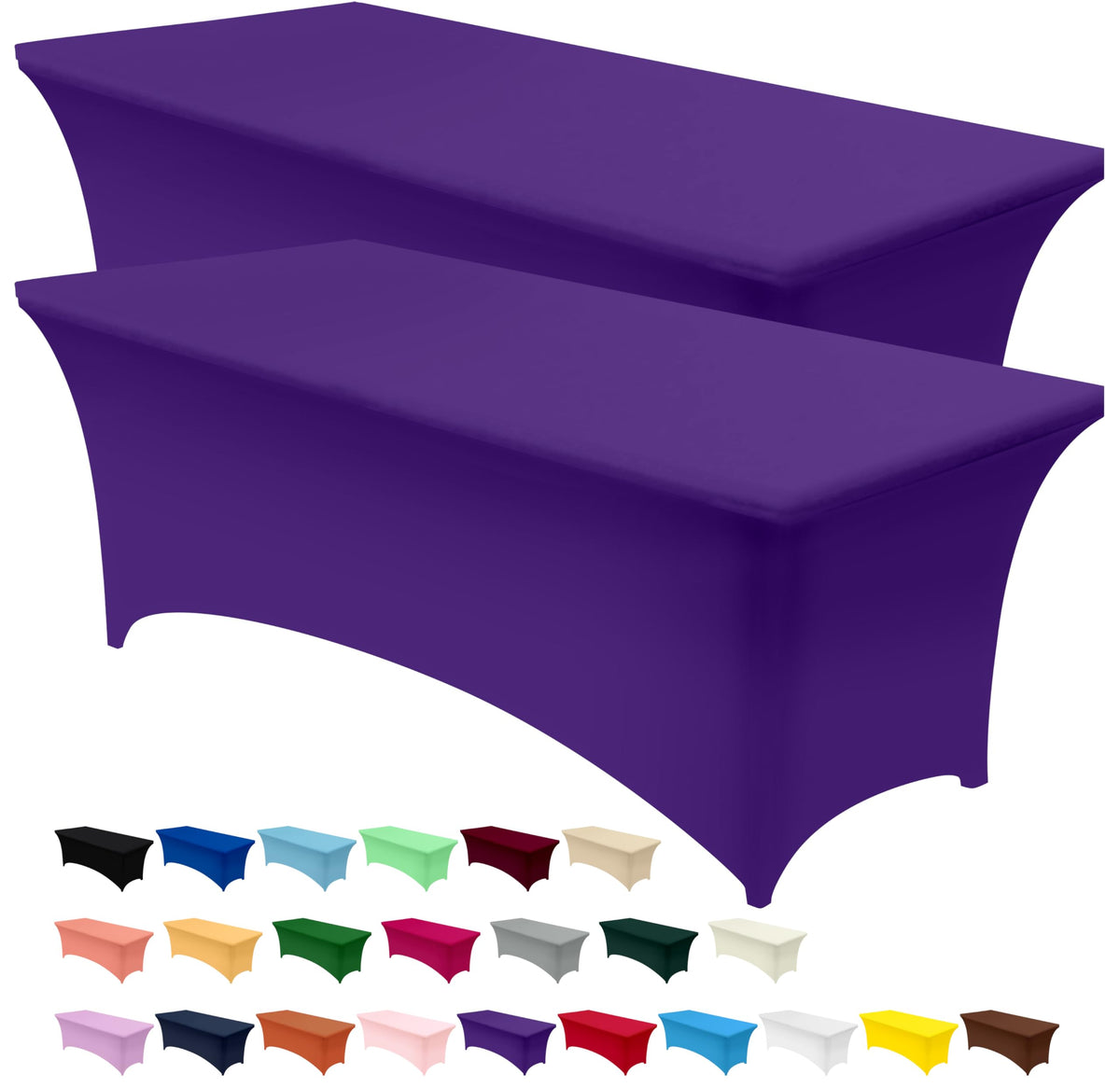 Utopia Kitchen spandex tablecloth on an 8ft purple cover providing a tight, professional fit