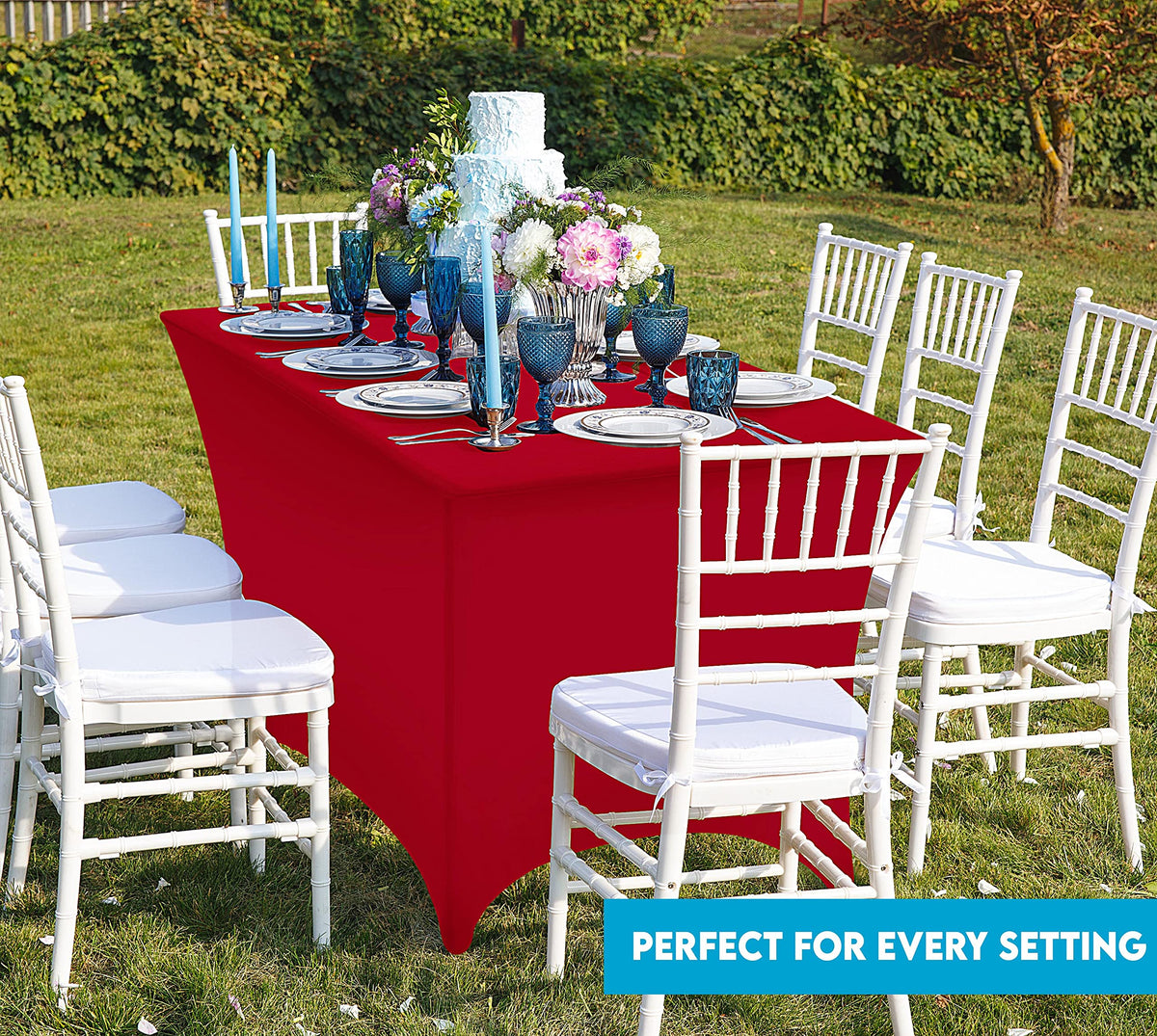 Utopia Kitchen spandex tablecloth 8ft red, elevates hotel receptions and buffets