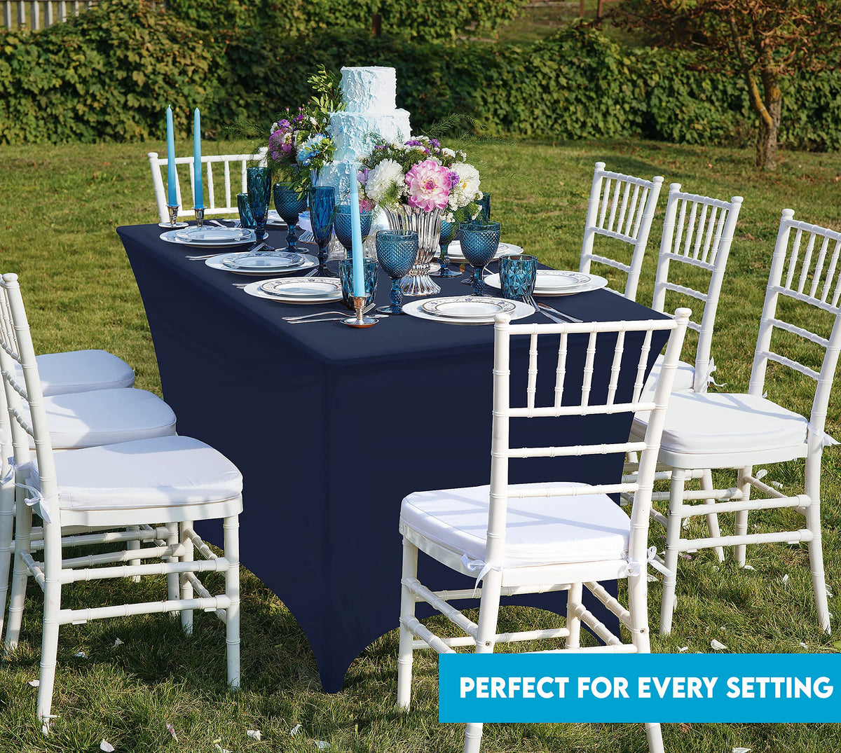 Utopia Kitchen spandex tablecloth suitable for buffet and reception layouts.