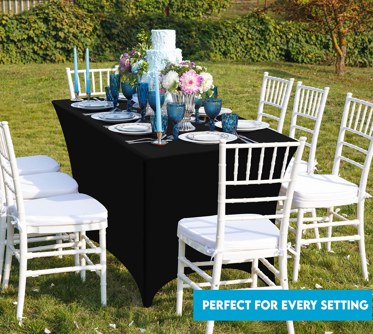 Utopia Kitchen spandex tablecloth easy-care, machine washable for reuse.