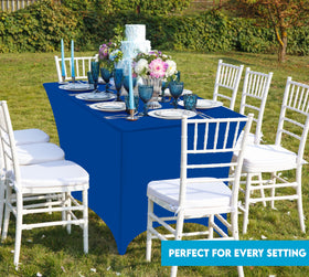 Utopia Kitchen spandex tablecloth at a banquet with ambient lighting and elegant setup.