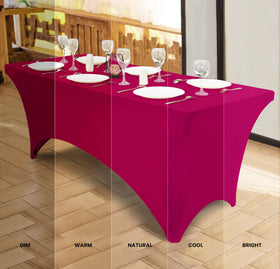 Utopia Kitchen spandex tablecloth on banquet setup emphasizing stain and scratch protection.