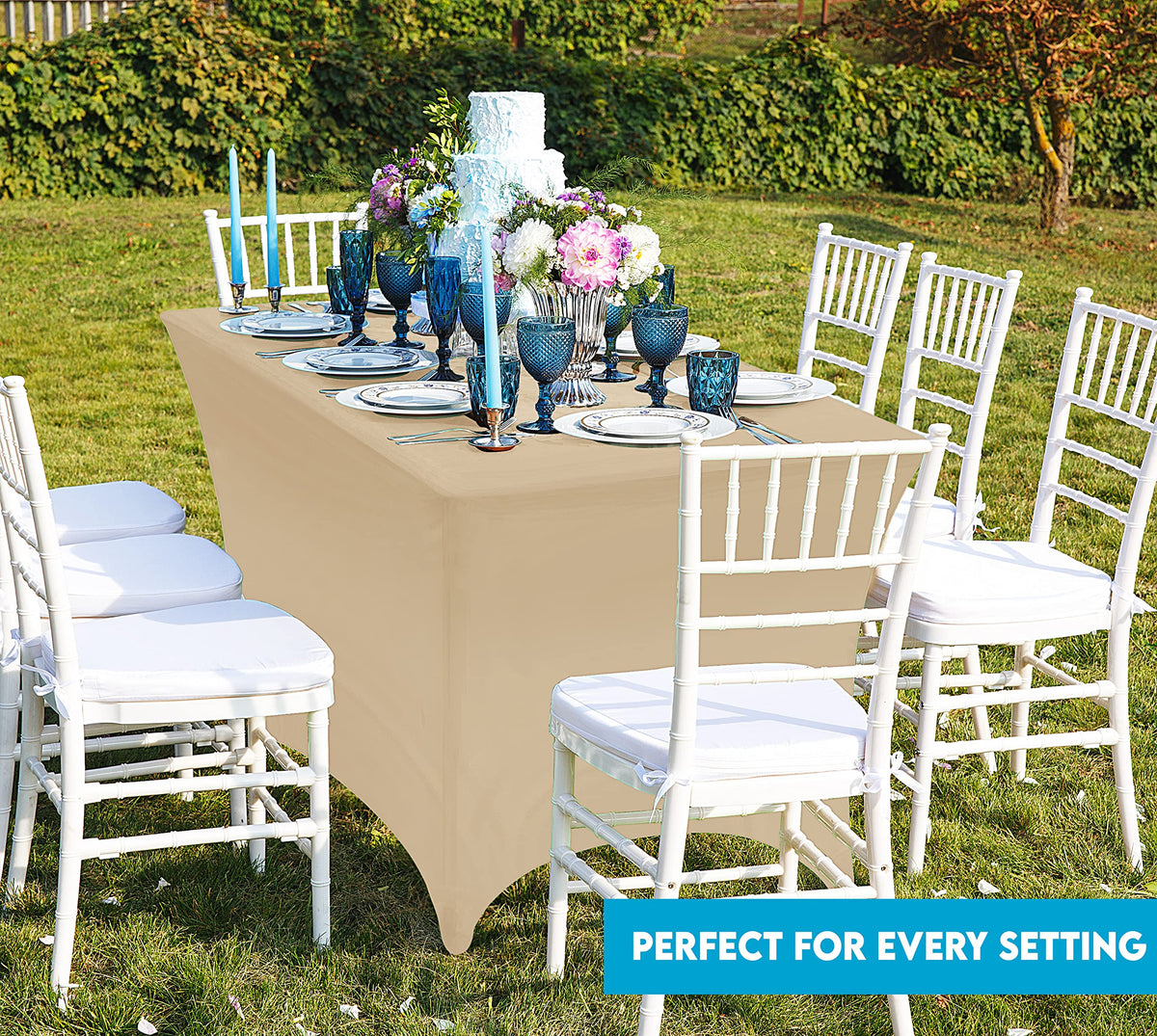 Utopia Kitchen spandex tablecloth provides a smooth finish for trade shows and banquets