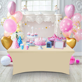Utopia Kitchen spandex tablecloth at a trade show display with professional finish.