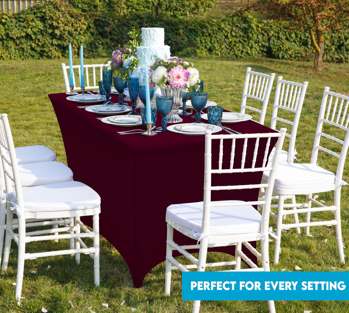 Machine-washable fabric of Utopia Kitchen spandex tablecloth after event