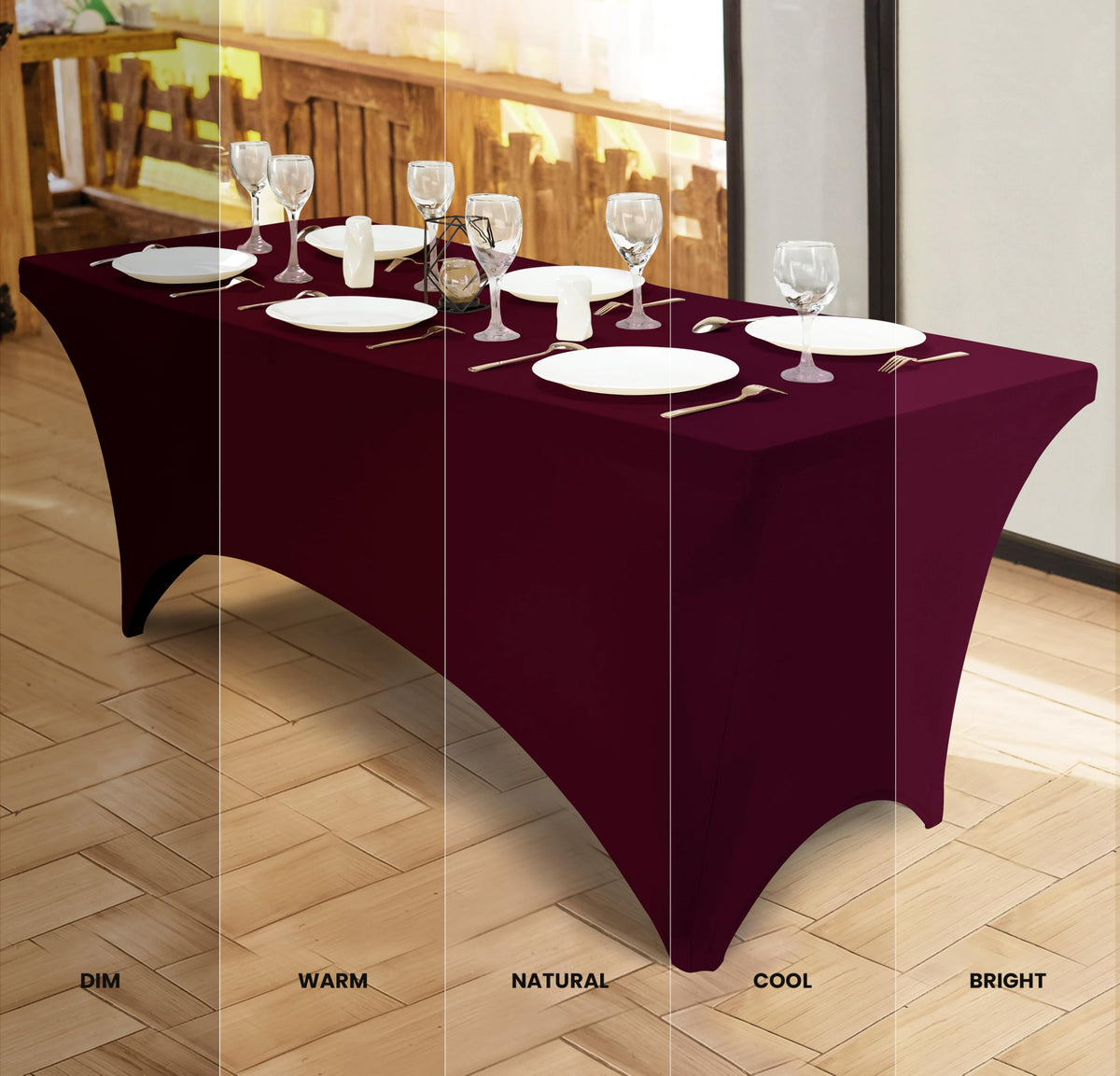 Wedding reception setup with Utopia Kitchen burgundy spandex tablecloth