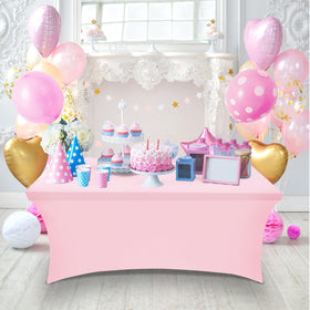 Utopia Kitchen spandex tablecloth in event display highlights modern, polished presentation.