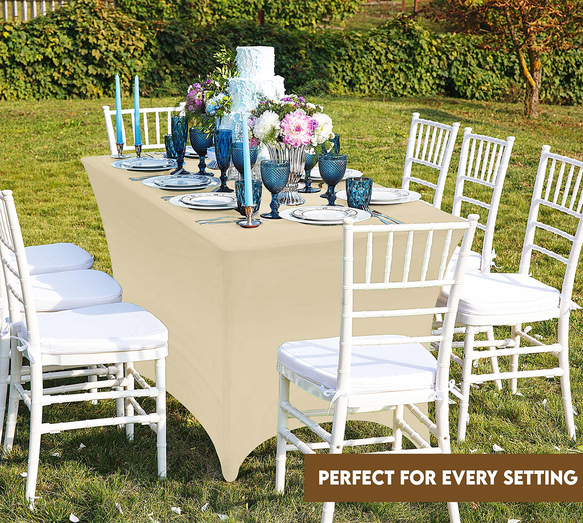 Utopia Kitchen spandex tablecloth at a wedding or event setup.