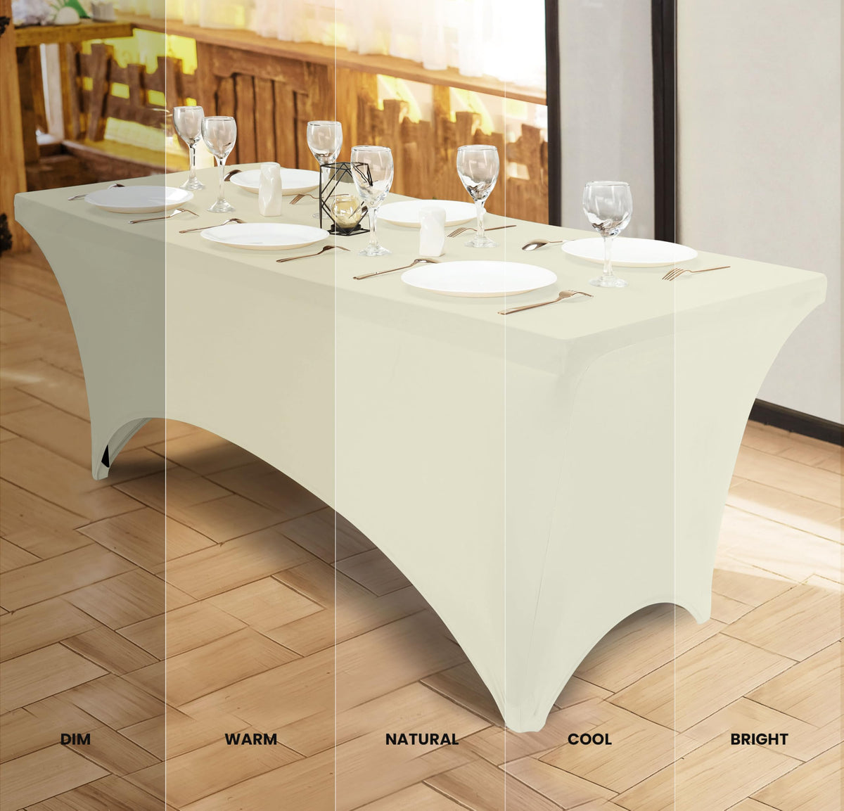 Close-up of ivory fabric highlights stretch and wrinkle resistance for easy upkeep