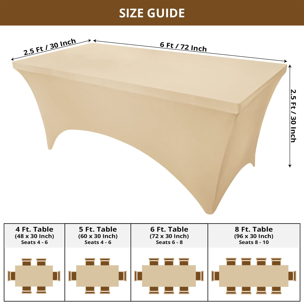 Utopia Kitchen spandex tablecloth in champagne color enhances décor with a smooth drape