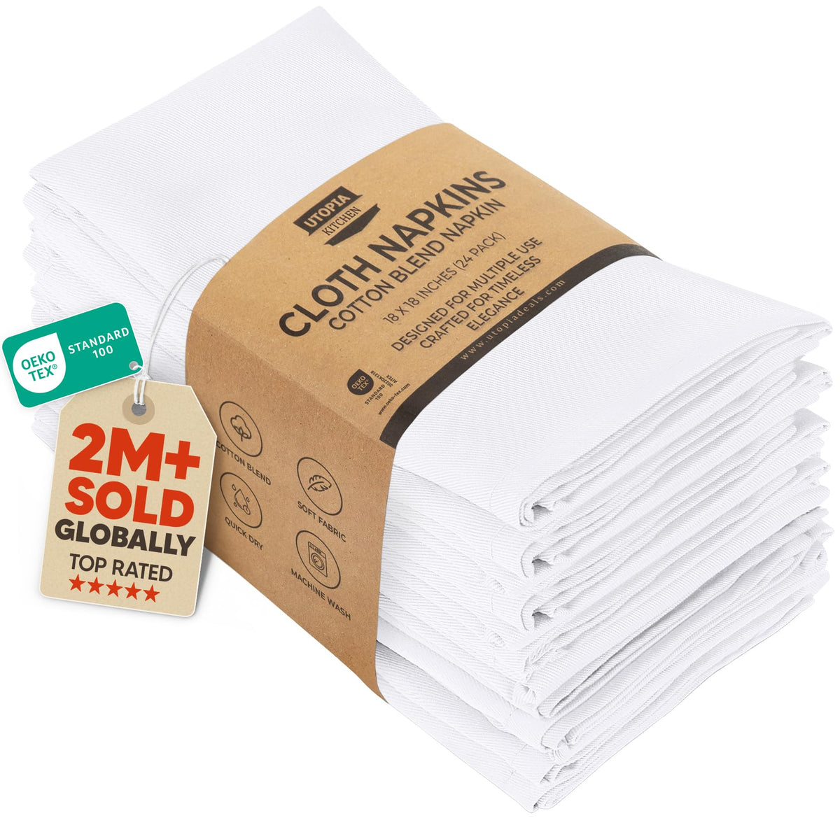 Utopia Kitchen white cloth napkins in a 24-pack ready for daily dining and events.