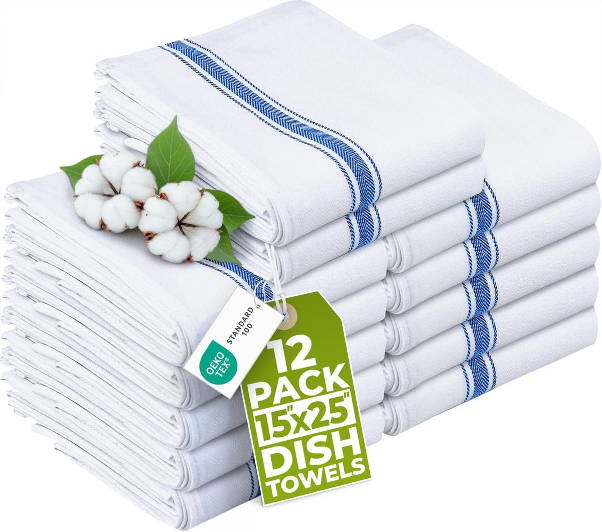 Utopia Towels blue dish towels 12-pack, 15x25 inches, ready for kitchen cleanup.