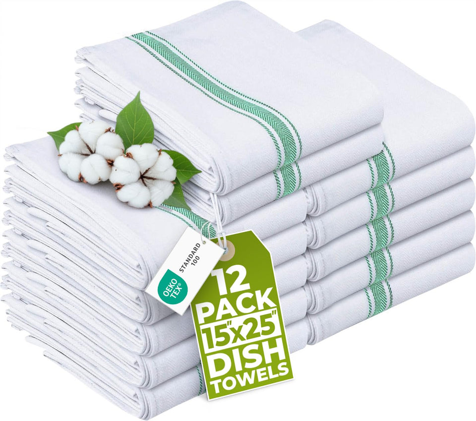 Utopia Towels green dish towels 12 pack laid out for kitchen cleaning and drying