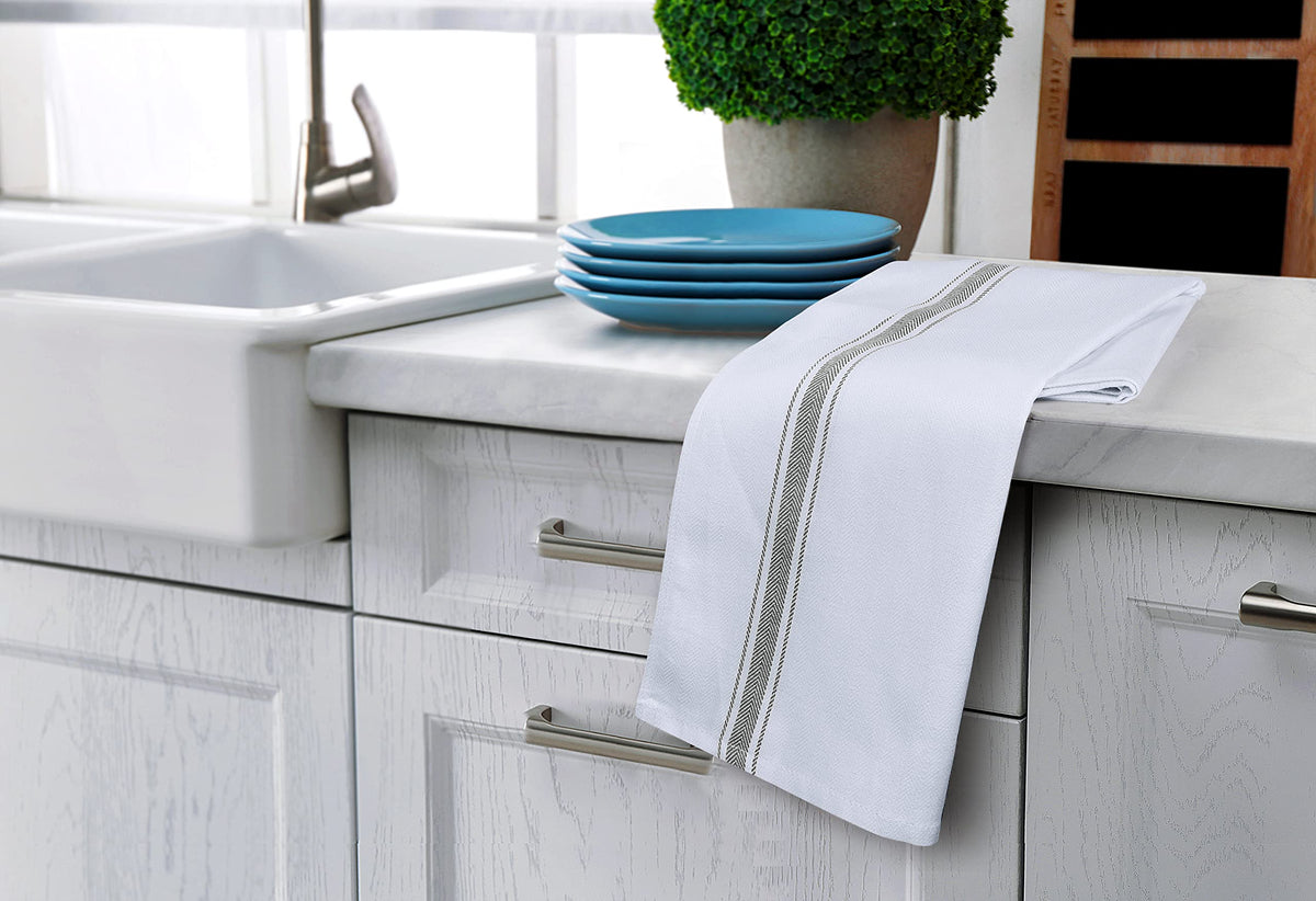 Stacked grey dish towels ready for kitchen cleanup