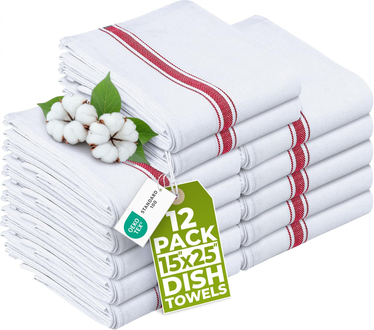 Utopia Towels red dish towels 12-pack, highly absorbent for quick kitchen cleanup.
