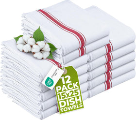 Utopia Towels red dish towels 12-pack, highly absorbent for quick kitchen cleanup.