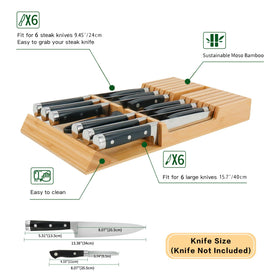 Utoplike 12-slot knife holder in-drawer supports steak and chef blades with space for tall knives.