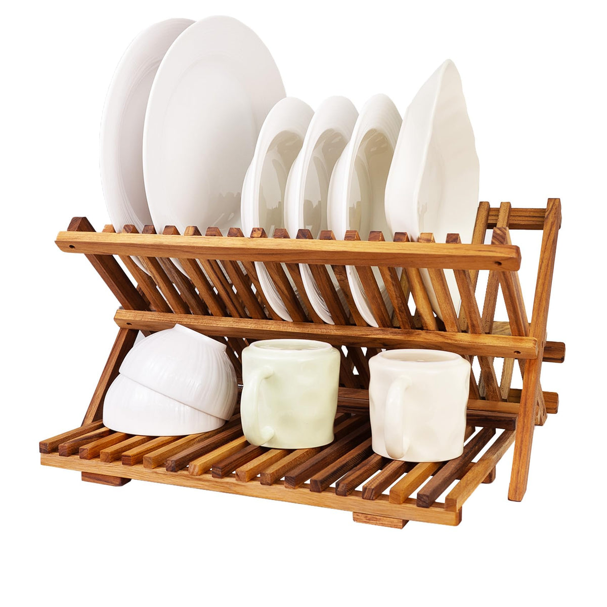Utoplike 3-tier teak rack top view showing dinner plate capacity.