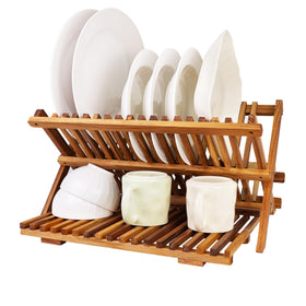 Utoplike 3-tier teak rack top view showing dinner plate capacity.