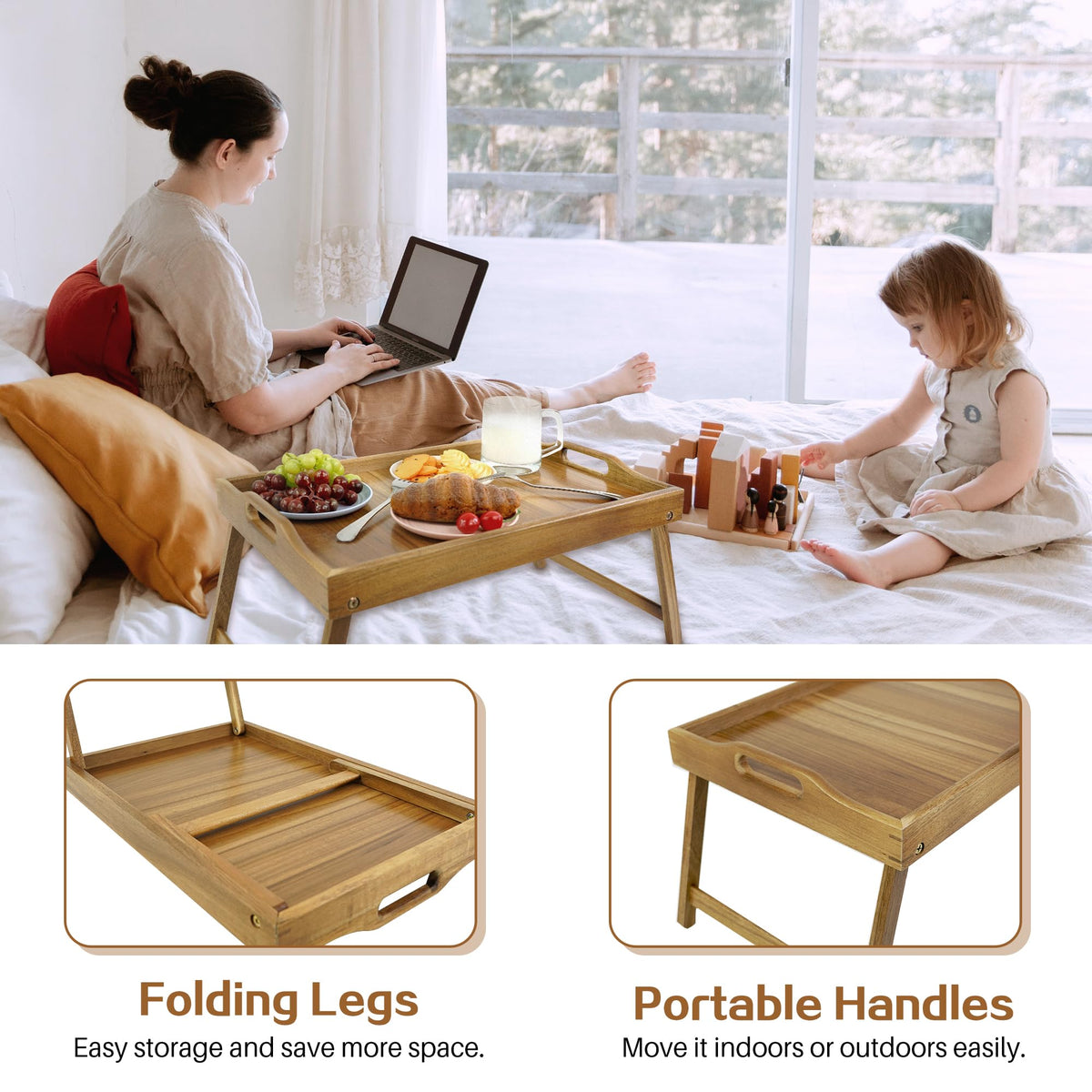 Utoplike Acacia Bed Tray Table high edge prevents spills from reaching fabrics.