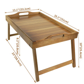 Utoplike Acacia Bed Tray Table foldable legs tuck away under sofa for storage.