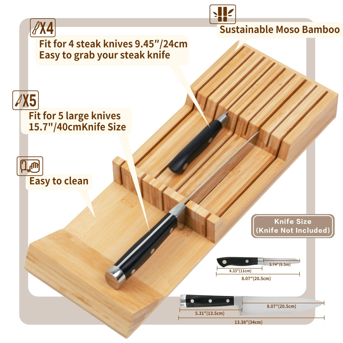 Utoplike angled-handle support ensures safe grip and prevents knives from tipping.
