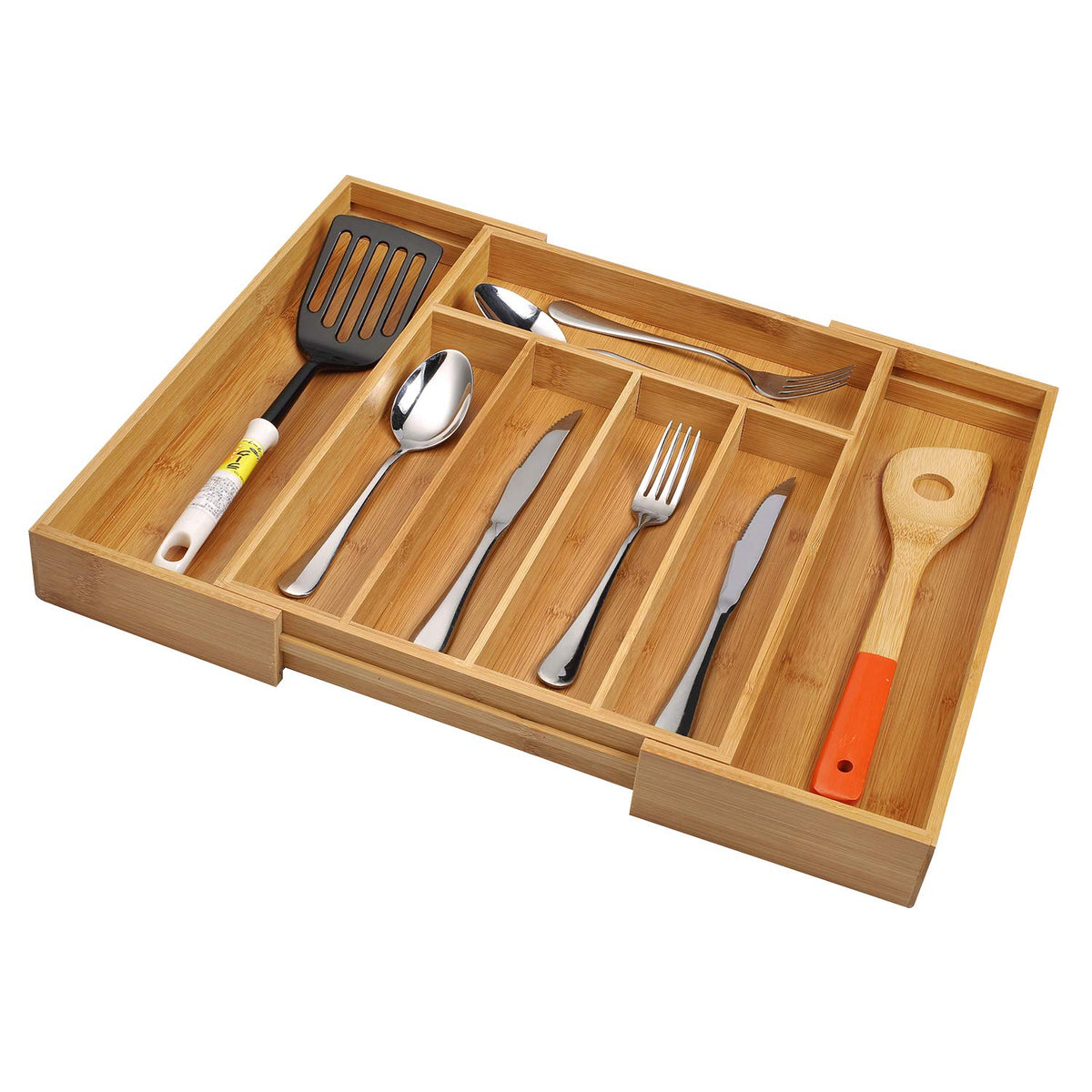 Utoplike bamboo cutlery tray with adjustable compartments for flexible organization.