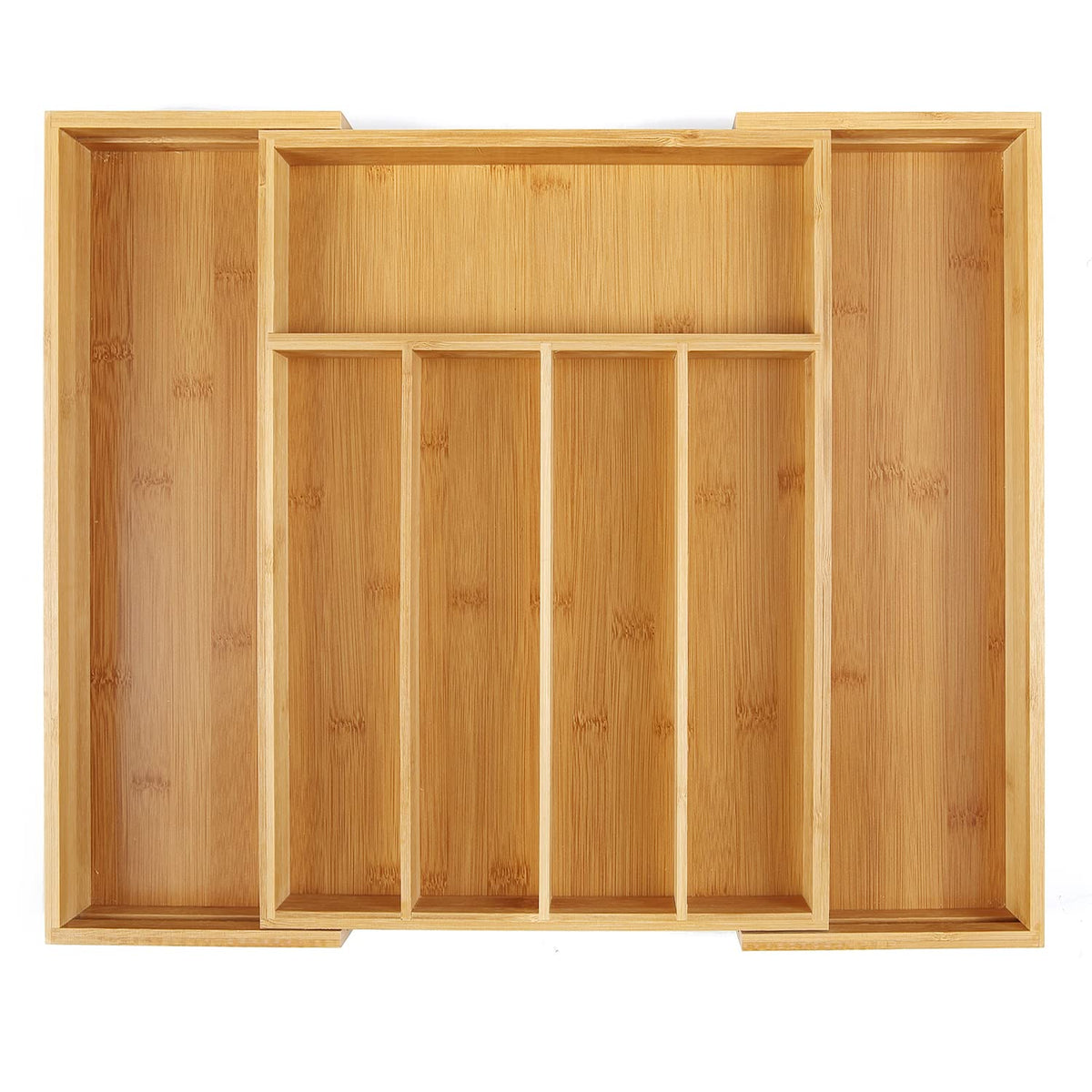 Utoplike bamboo cutlery tray in a closed drawer for tidy storage.