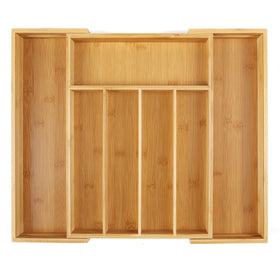 Utoplike bamboo cutlery tray in a closed drawer for tidy storage.