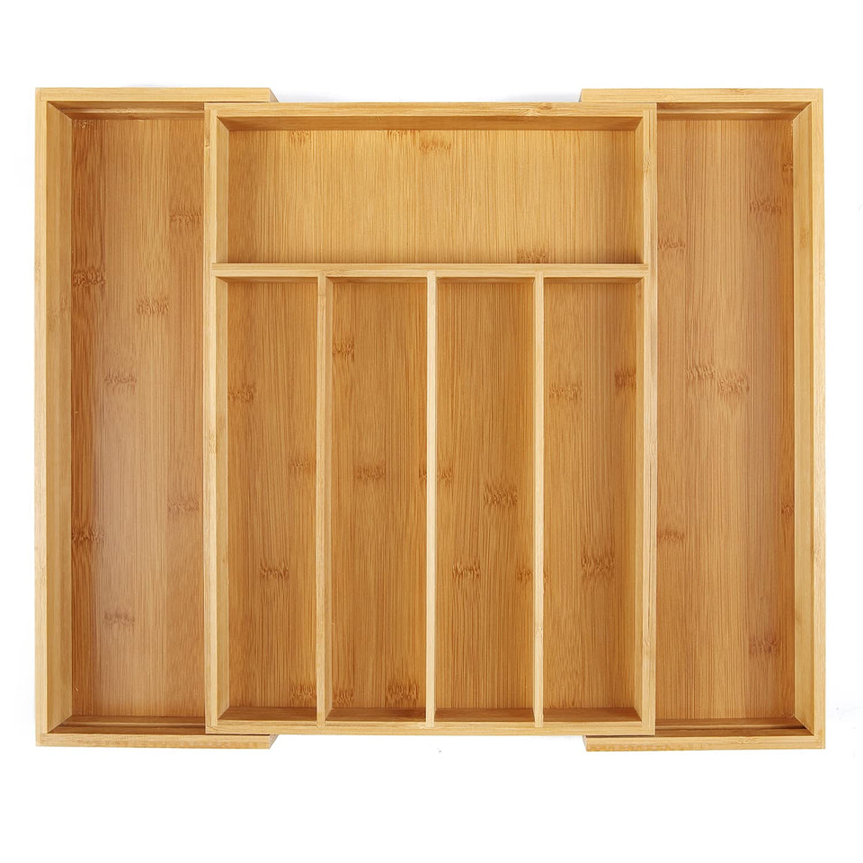 Utoplike bamboo cutlery tray in a closed drawer for tidy storage.
