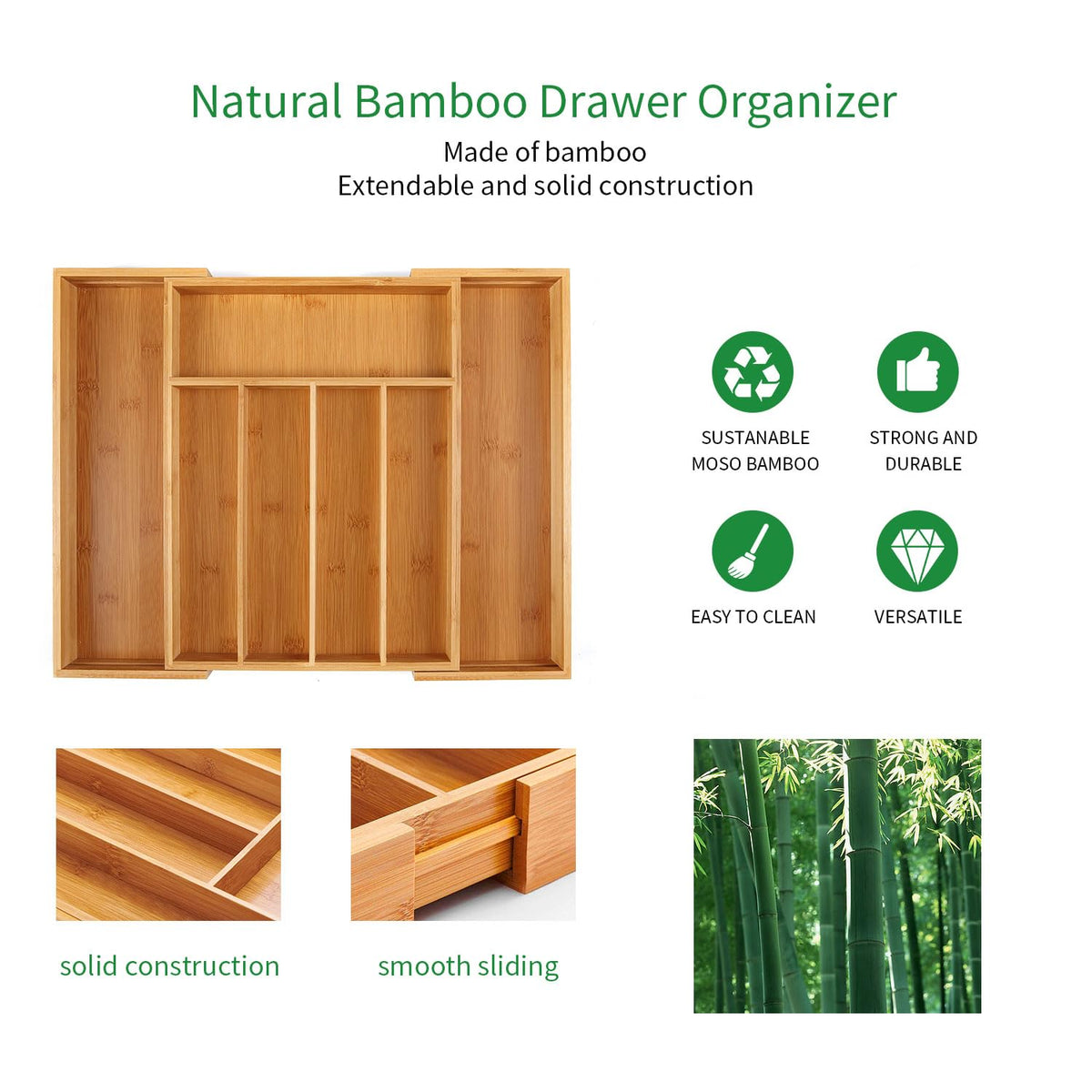 Utoplike bamboo tray used for office supplies in a neat drawer.