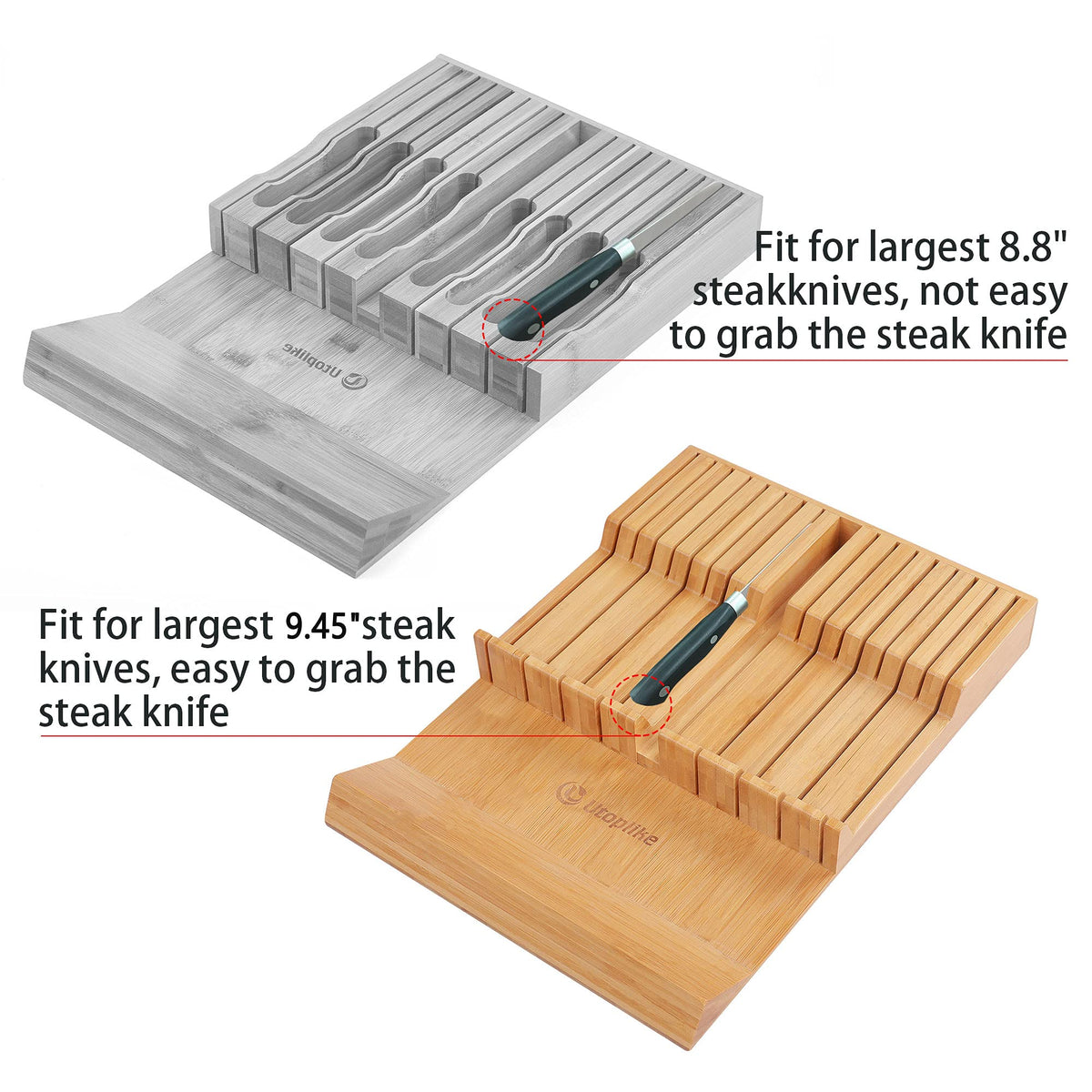 Utoplike carved grooves and angled handle support aid safe, easy grabbing.