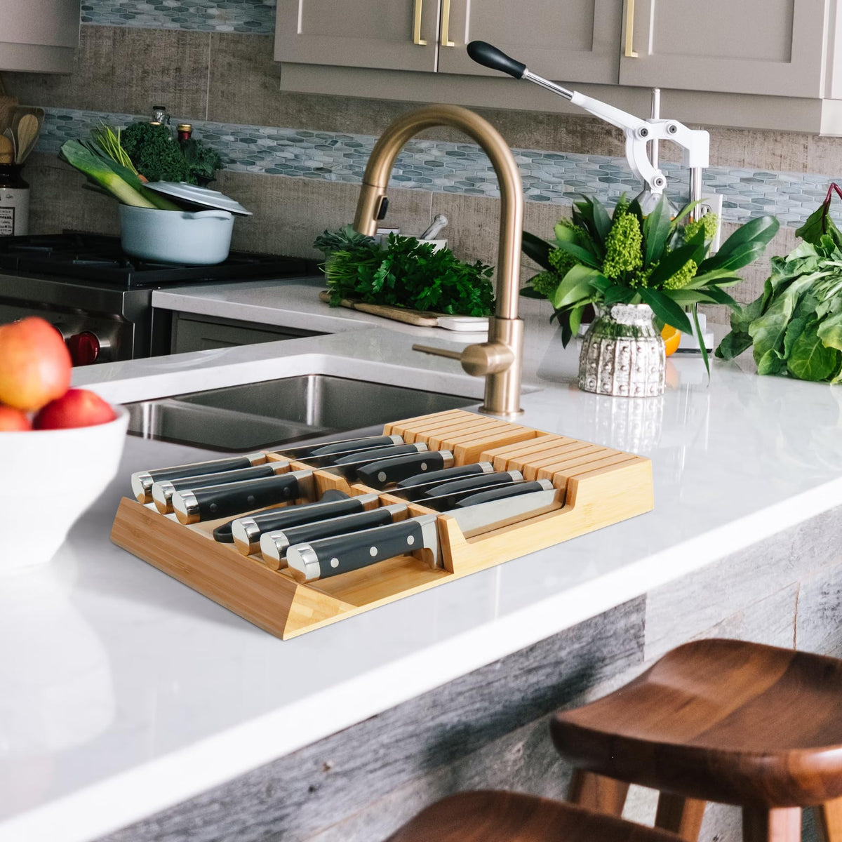 Utoplike knife block stores sets out of sight while keeping knives sharp and protected.