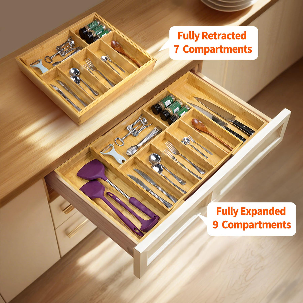 Utoplike expandable cutlery tray highlights 7-9 compartments for utensils.