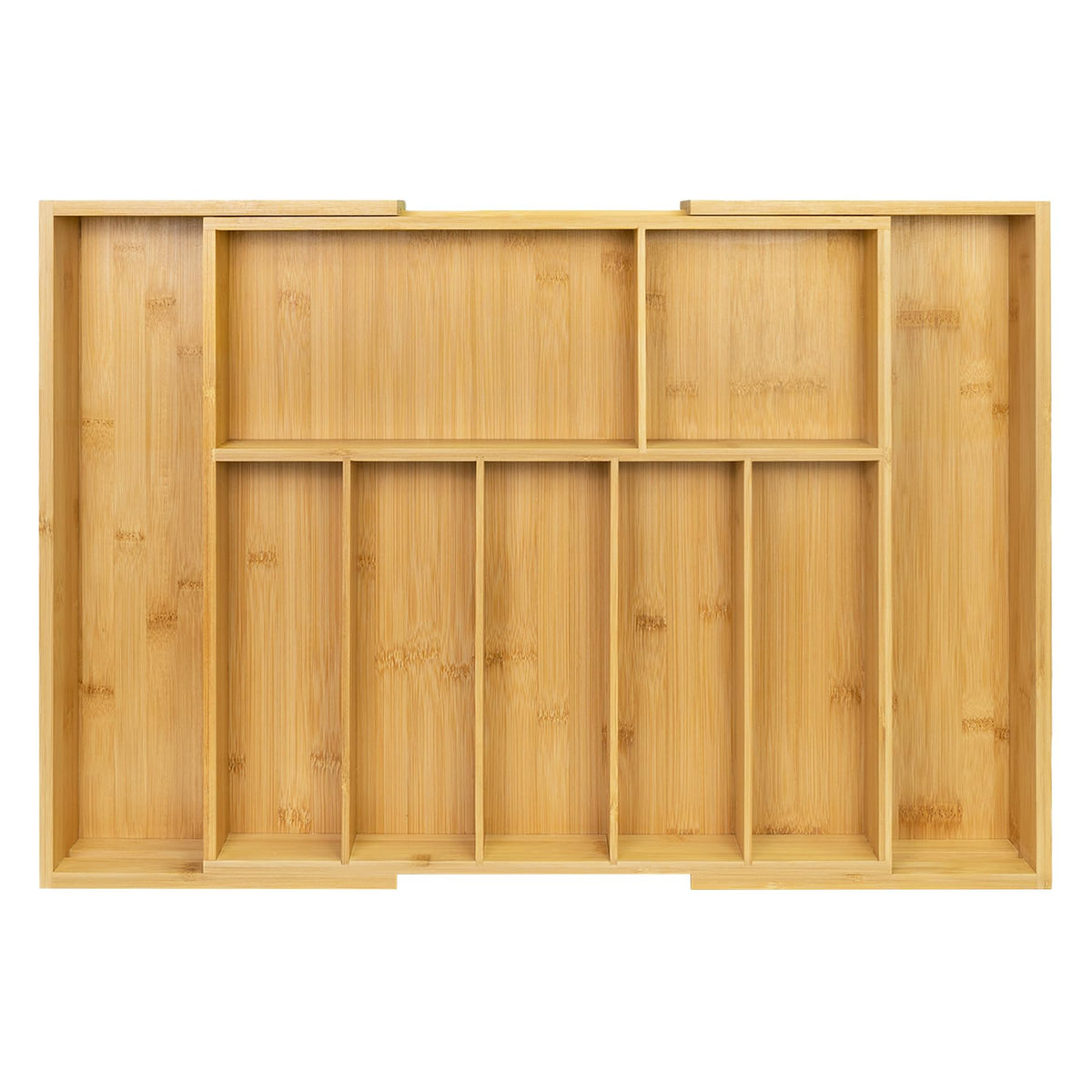 Utoplike Extra Large Bamboo Drawer Organizer in closed form fits spacious drawers.