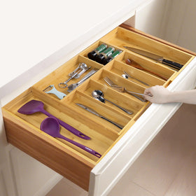 Utoplike bamboo organizer fully extended showing 9-slot capacity and wider reach.