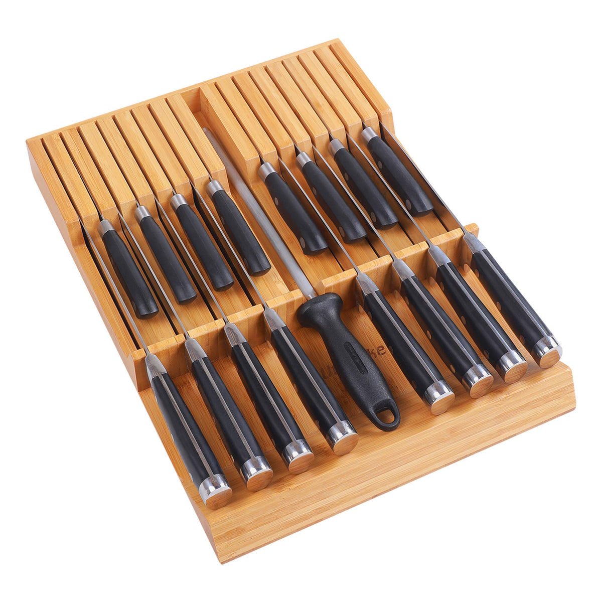 Utoplike in-drawer knife block with bamboo build keeps knives organized.