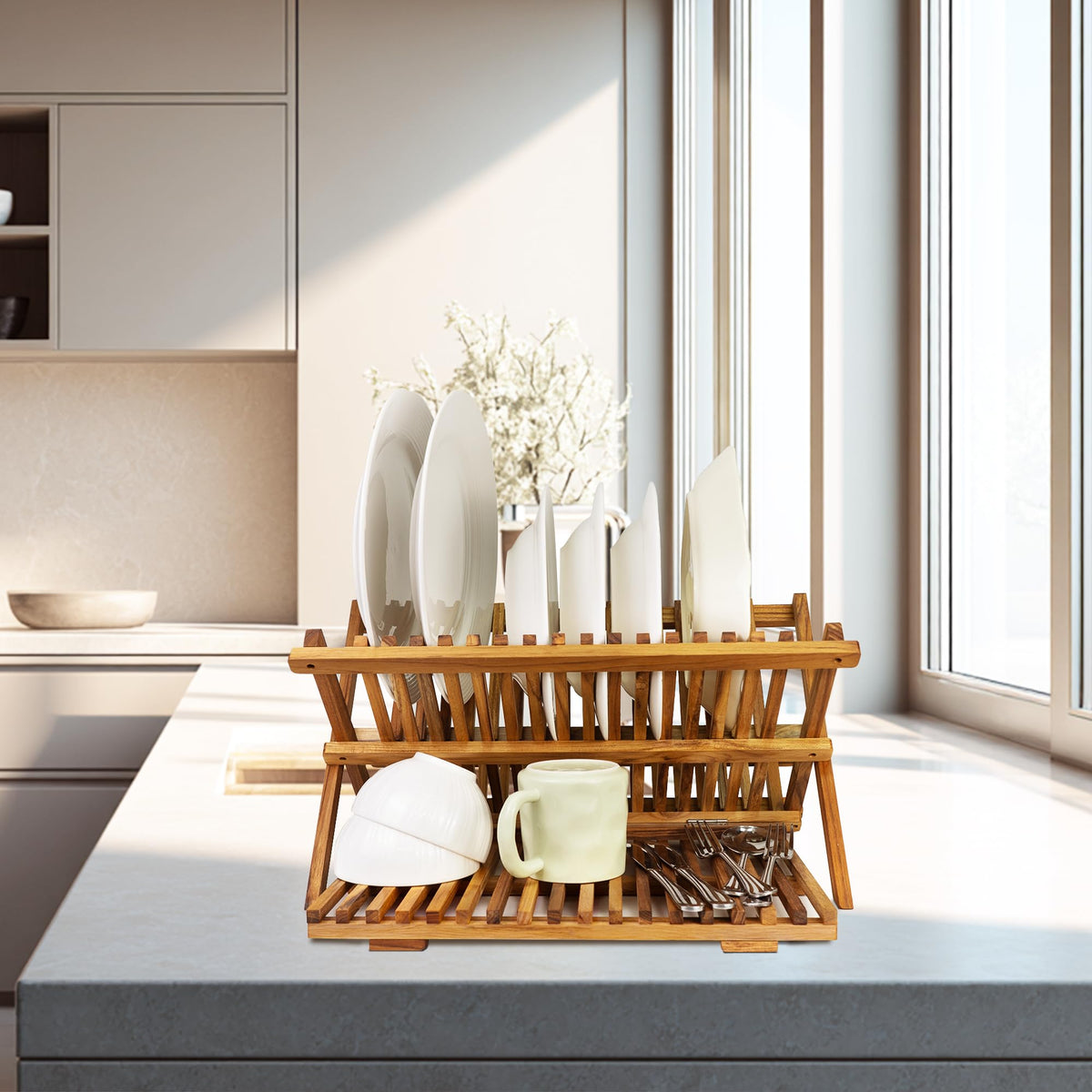 Utoplike teak rack stores plates, cups, bowls for tidy kitchens.