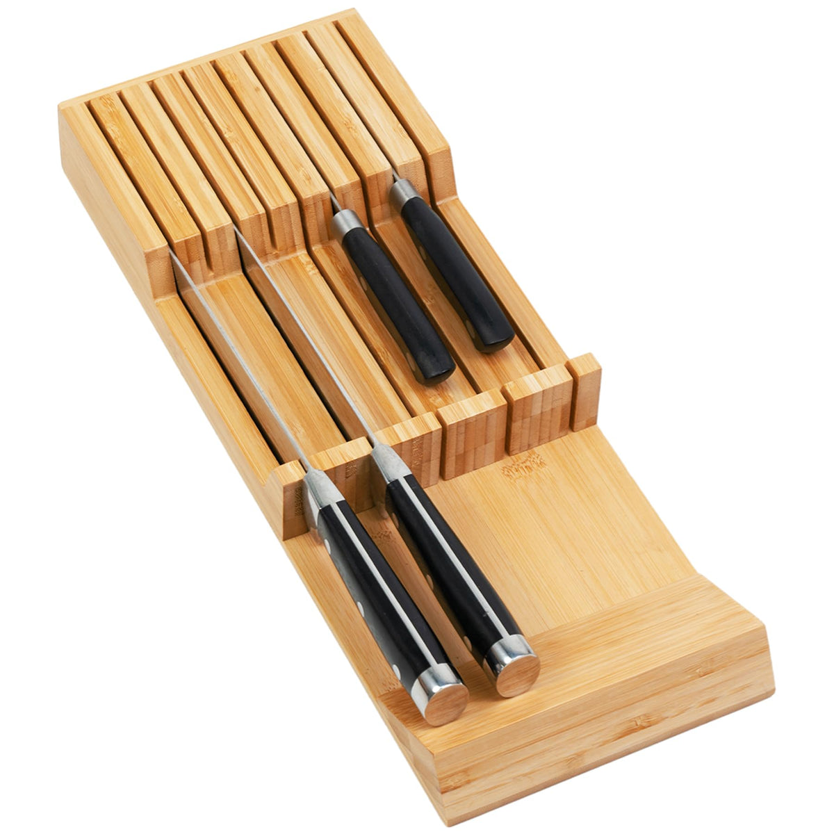 Utoplike knife drawer organizer in bamboo, front view, keeps knives neatly stored.