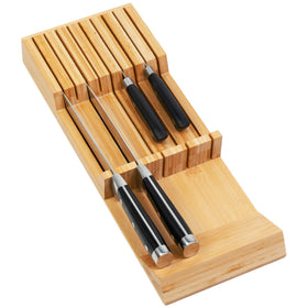 Utoplike knife drawer organizer in bamboo, front view, keeps knives neatly stored.
