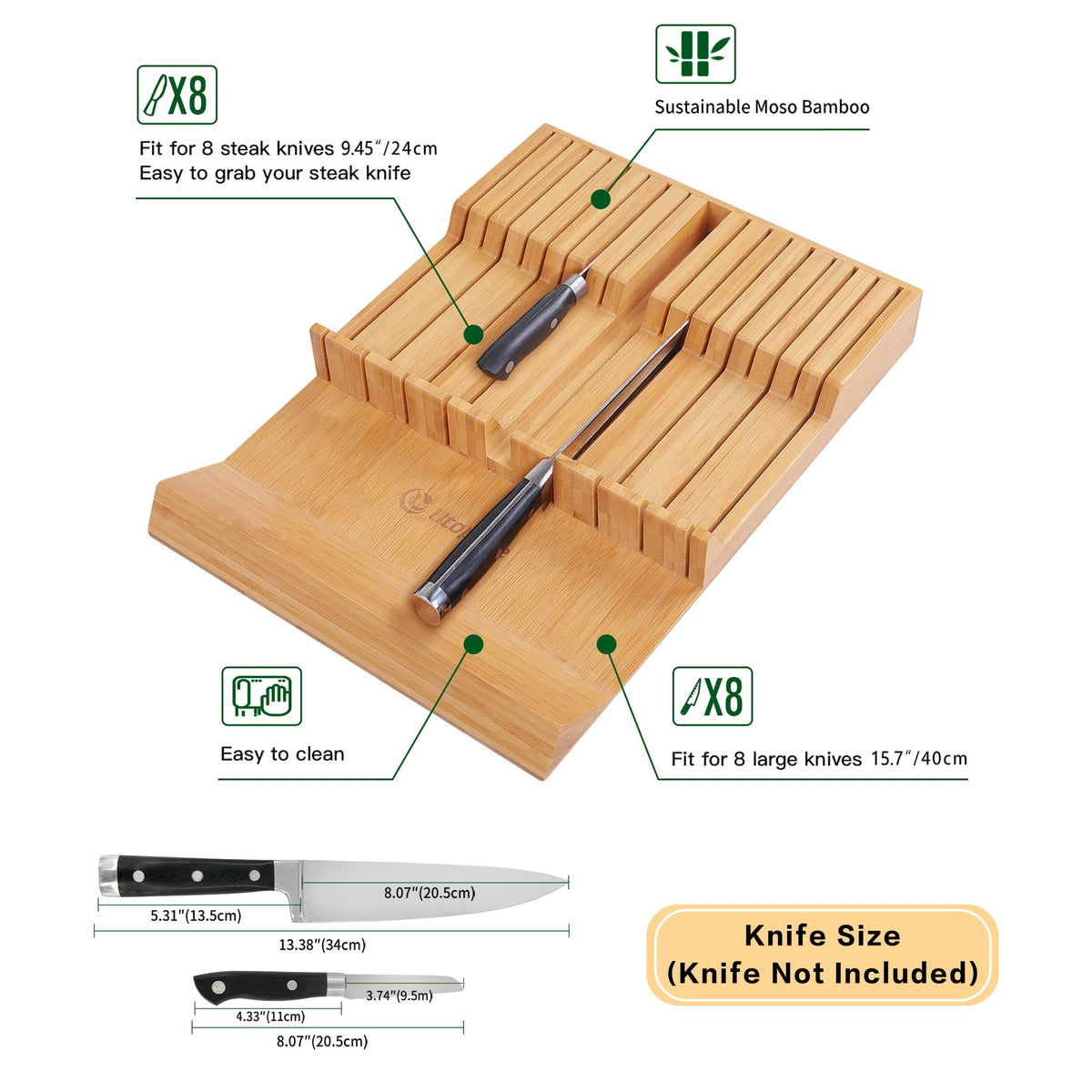 Utoplike middle-slot for sharpening steel keeps touch-ups ready.