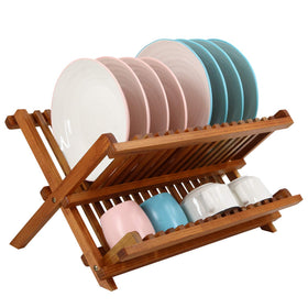 Utoplike teak dish drainer rack in 2-tier setup drying plates on a kitchen counter